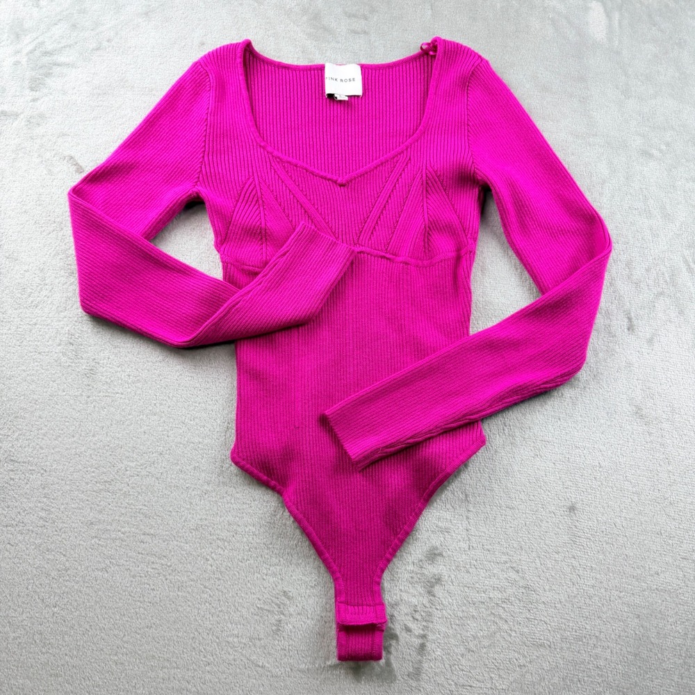 Pink Rose Women's Small Ribbed Long Sleeve Bodysuit Magenta Pink 3S26152